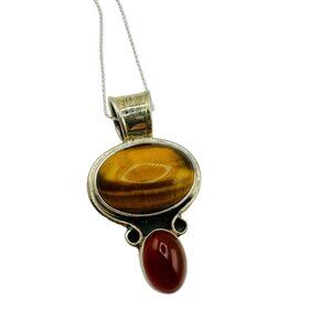 Vintage Sterling Silver CII Mexico Tigers Eye Carnelian Pendant Necklace Ethnic